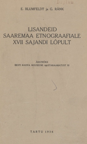 Lisandeid Saaremaa etnograafiale XVII sajandi lõpult