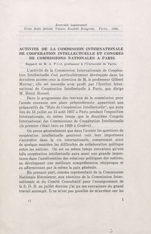 Activite de la Commission Internationale de Coopération Intellectuelle et congres de Commission Nationales a Paris : rapport 