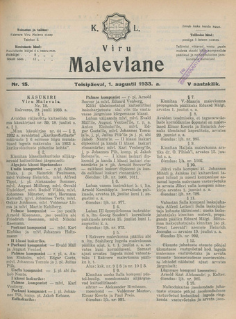 K. L. Viru Malevlane ; 15 1933-08-01