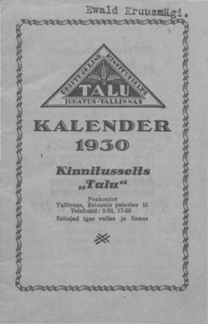 Ühistegelik kindlustusselts "Talu" : kalender 1930