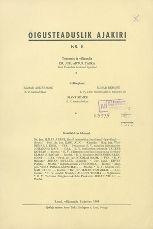 Õigusteaduslik Ajakiri ; 8 1964