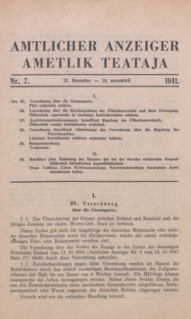 Ametlik Teataja. I/II osa = Amtlicher Anzeiger. I/II Teil ; 7 1941-11-29