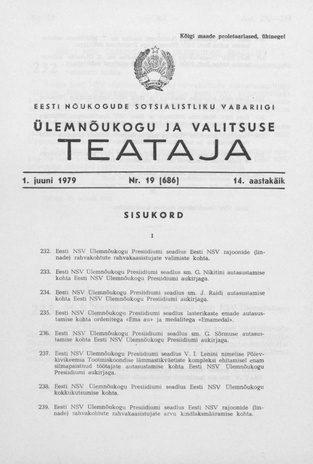 Eesti Nõukogude Sotsialistliku Vabariigi Ülemnõukogu ja Valitsuse Teataja ; 19 (686) 1979-06-01