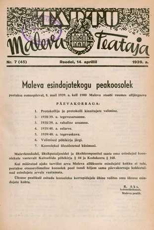 Tartu Maleva Teataja ; 7 (45) 1939-04-14