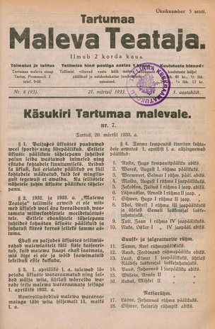 Tartumaa Maleva Teataja ; 6 (93) 1933-03-21