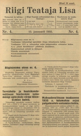 Riigi Teataja Lisa : seaduste alustel avaldatud teadaanded ; 4 1935-01-15
