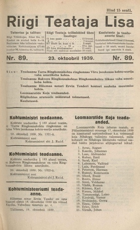 Riigi Teataja Lisa : seaduste alustel avaldatud teadaanded ; 89 1939-10-23