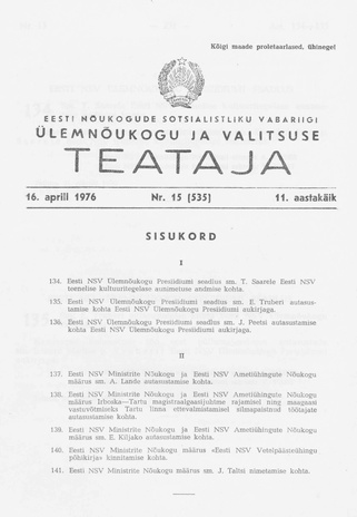 Eesti Nõukogude Sotsialistliku Vabariigi Ülemnõukogu ja Valitsuse Teataja ; 15 (535) 1976-04-16