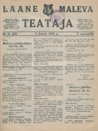 Lääne Maleva Teataja ; 11 (20) 1929-06-01