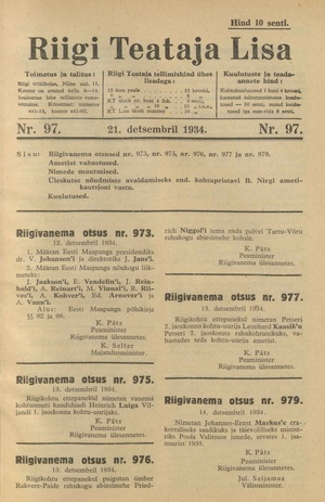 Riigi Teataja Lisa : seaduste alustel avaldatud teadaanded ; 97 1934-12-21