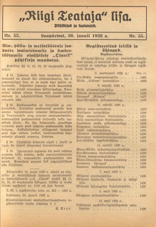 Riigi Teataja Lisa : seaduste alustel avaldatud teadaanded ; 55 1926-06-26