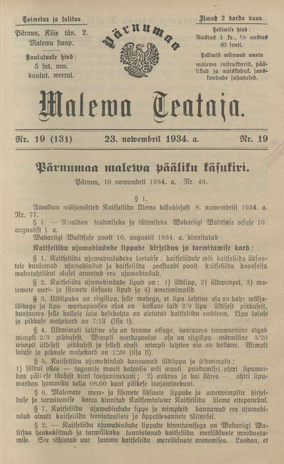 Pärnumaa Maleva Teataja ; 19 (131) 1934-11-23