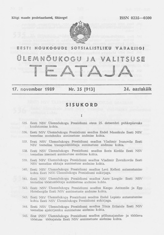 Eesti Nõukogude Sotsialistliku Vabariigi Ülemnõukogu ja Valitsuse Teataja ; 35 (913) 1989-11-17