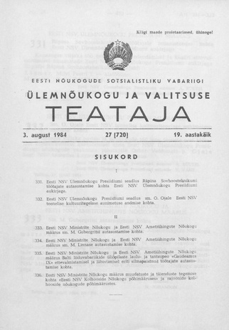 Eesti Nõukogude Sotsialistliku Vabariigi Ülemnõukogu ja Valitsuse Teataja ; 27 (720) 1984-08-03