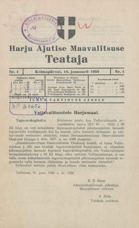 Harju Maavalitsuse Teataja ; 1 1938-01-19