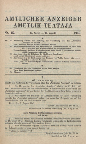 Ametlik Teataja. I/II osa = Amtlicher Anzeiger. I/II Teil ; 15 1942-08-12