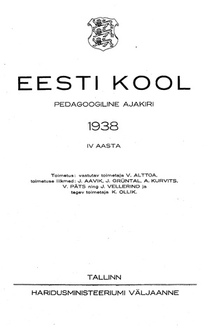 Eesti Kool ; sisukord 1938
