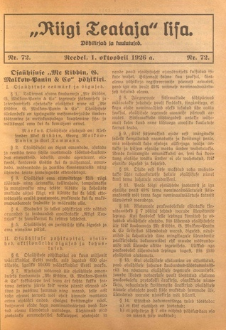 Riigi Teataja Lisa : seaduste alustel avaldatud teadaanded ; 72 1926-10-01