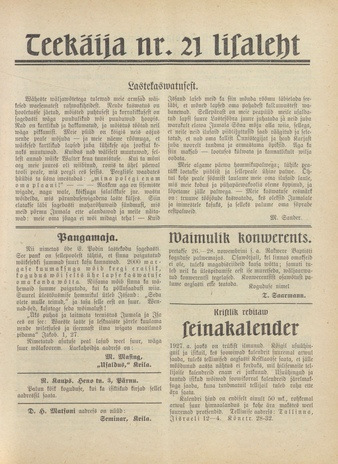 Teekäija : Eesti Baptisti Koguduse Ühenduse häälekandja. Lisaleht ; 1926-11-01