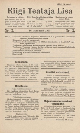 Riigi Teataja Lisa : seaduste alustel avaldatud teadaanded ; 2 1933-01-10