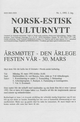 Norsk-Estisk kulturnytt ; 1 1992
