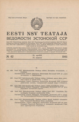 Eesti NSV Teataja = Ведомости Эстонской ССР ; 42 1941-04-19
