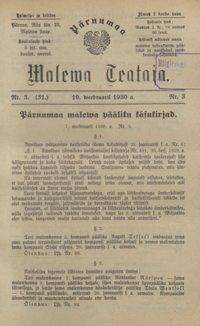 Pärnumaa Maleva Teataja ; 3 (31) 1930-02-10
