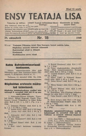 ENSV Teataja lisa ; 18 1940-10-29