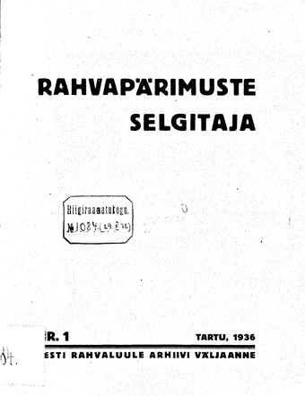 Rahvapärimuste selgitaja ; 1 1936-10