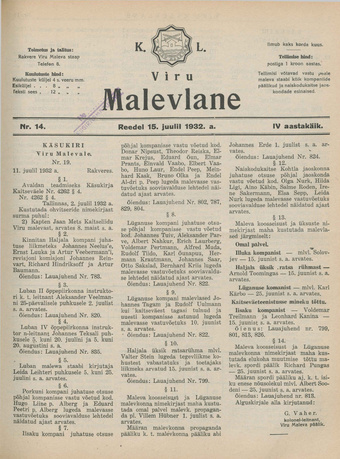 K. L. Viru Malevlane ; 14 1932-07-15