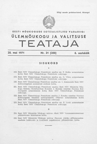 Eesti Nõukogude Sotsialistliku Vabariigi Ülemnõukogu ja Valitsuse Teataja ; 21 (288) 1971-05-28
