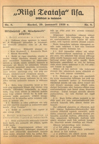 Riigi Teataja Lisa : seaduste alustel avaldatud teadaanded ; 8 1926-01-29