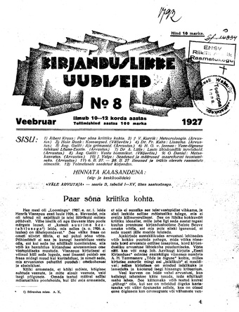 Kirjanduslikke uudiseid ; 8 1927