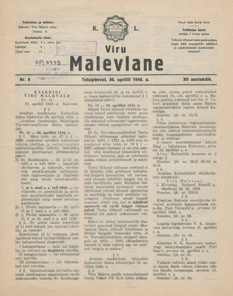K. L. Viru Malevlane ; 8 1940-04-30