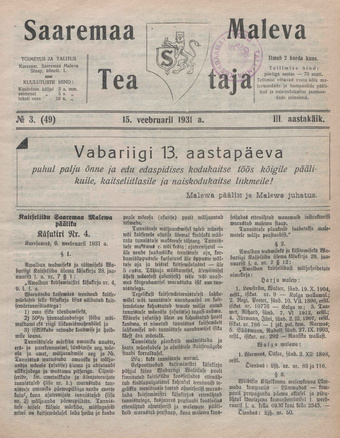 Saaremaa Maleva Teataja ; 3 (49) 1931-02-15