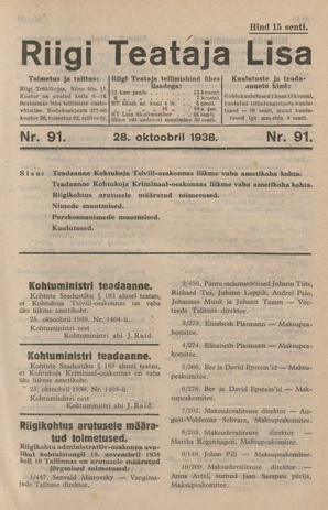 Riigi Teataja Lisa : seaduste alustel avaldatud teadaanded ; 91 1938-10-28