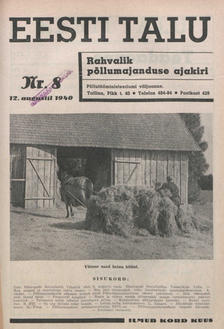 Eesti Talu : rahvalik põllumajanduse ajakiri ; 8 1940-08-12