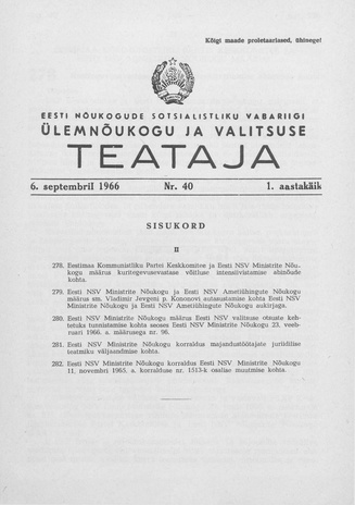 Eesti Nõukogude Sotsialistliku Vabariigi Ülemnõukogu ja Valitsuse Teataja ; 40 1966-09-06