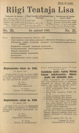 Riigi Teataja Lisa : seaduste alustel avaldatud teadaanded ; 25 1935-03-29