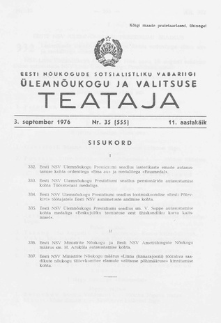 Eesti Nõukogude Sotsialistliku Vabariigi Ülemnõukogu ja Valitsuse Teataja ; 35 (555) 1976-09-03