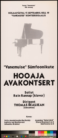 "Vanemuise" Sümfoonikute hooaja avakontsert : solist Rein Rannap 