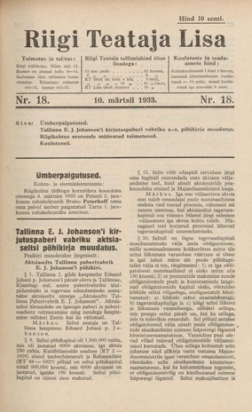 Riigi Teataja Lisa : seaduste alustel avaldatud teadaanded ; 18 1933-03-10