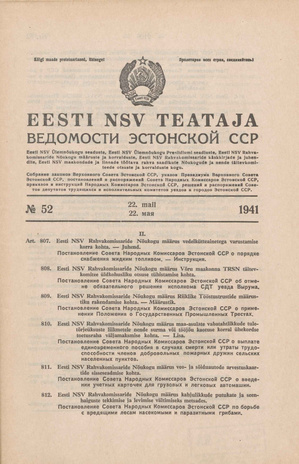 Eesti NSV Teataja = Ведомости Эстонской ССР ; 52 1941-05-22