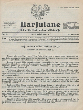 Harjulane : Kaitseliidu Harju Maleva häälekandja ; 13 1934-10-26