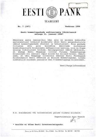Eesti Pank : teabeleht ; 7 (147) 1996-02