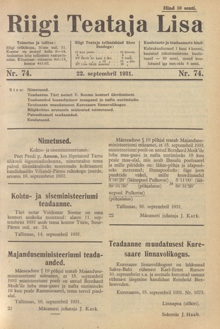 Riigi Teataja Lisa : seaduste alustel avaldatud teadaanded ; 74 1931-09-22