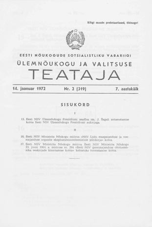 Eesti Nõukogude Sotsialistliku Vabariigi Ülemnõukogu ja Valitsuse Teataja ; 2 (319) 1972-01-14