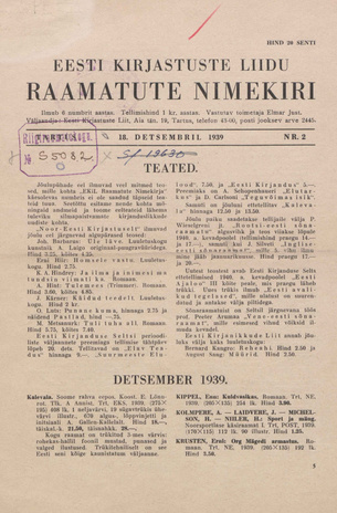 Eesti Kirjastuste Liidu raamatute nimekiri ; 2 1939-12-18