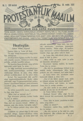Protestantlik Maailm : Usu- ja kirikuküsimusi käsitlev vabameelne ajakiri ; 2 1935-02-20