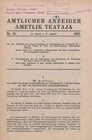 Ametlik Teataja. I/II osa = Amtlicher Anzeiger. I/II Teil ; 15 1943-08-21